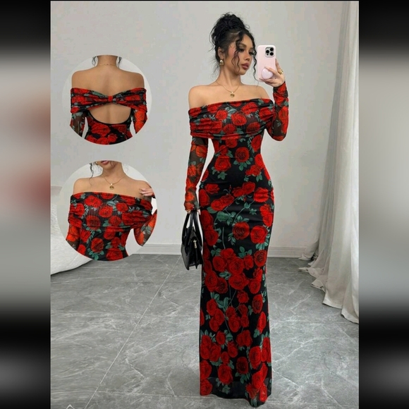 Dresses & Skirts - Elegant Floral Off-Shoulder Dress